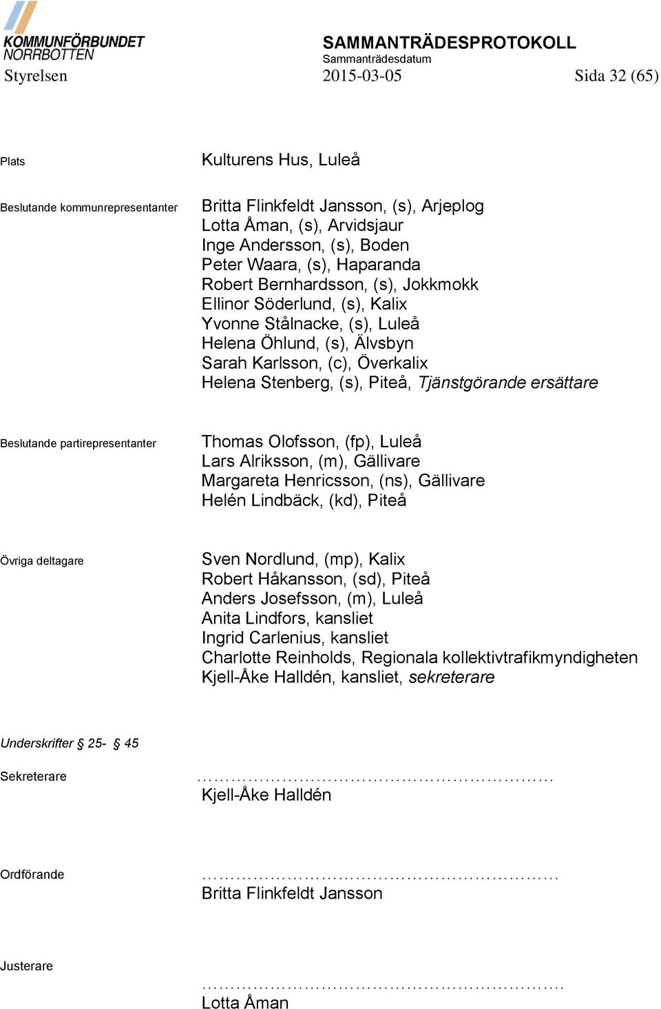 Piteå, Tjänstgörande ersättare Beslutande partirepresentanter Thomas Olofsson, (fp), Luleå Lars Alriksson, (m), Gällivare Margareta Henricsson, (ns), Gällivare Helén Lindbäck, (kd), Piteå Övriga
