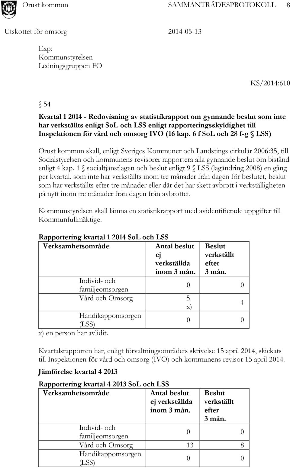 6 f SoL och 28 f-g LSS) Orust kommun skall, enligt Sveriges Kommuner och Landstings cirkulär 2006:35, till Socialstyrelsen och kommunens revisorer rapportera alla gynnande beslut om bistånd enligt 4