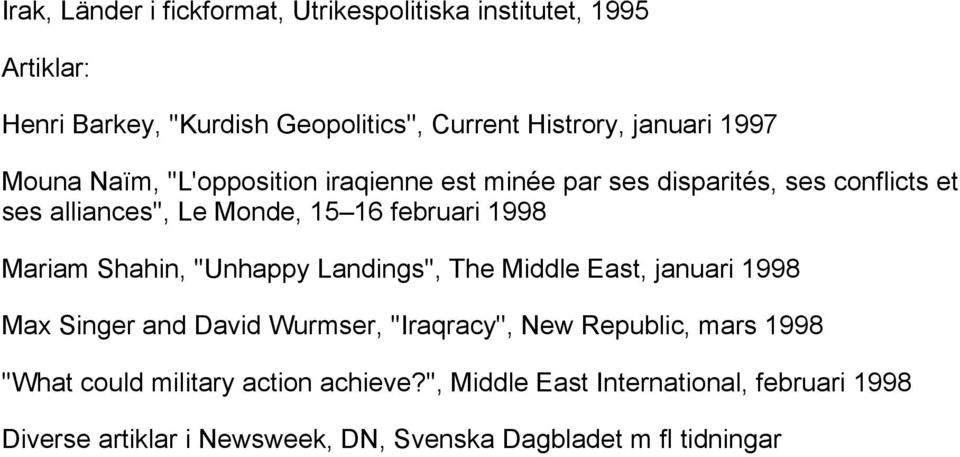 Mariam Shahin, ''Unhappy Landings'', The Middle East, januari 1998 Max Singer and David Wurmser, ''Iraqracy'', New Republic, mars 1998
