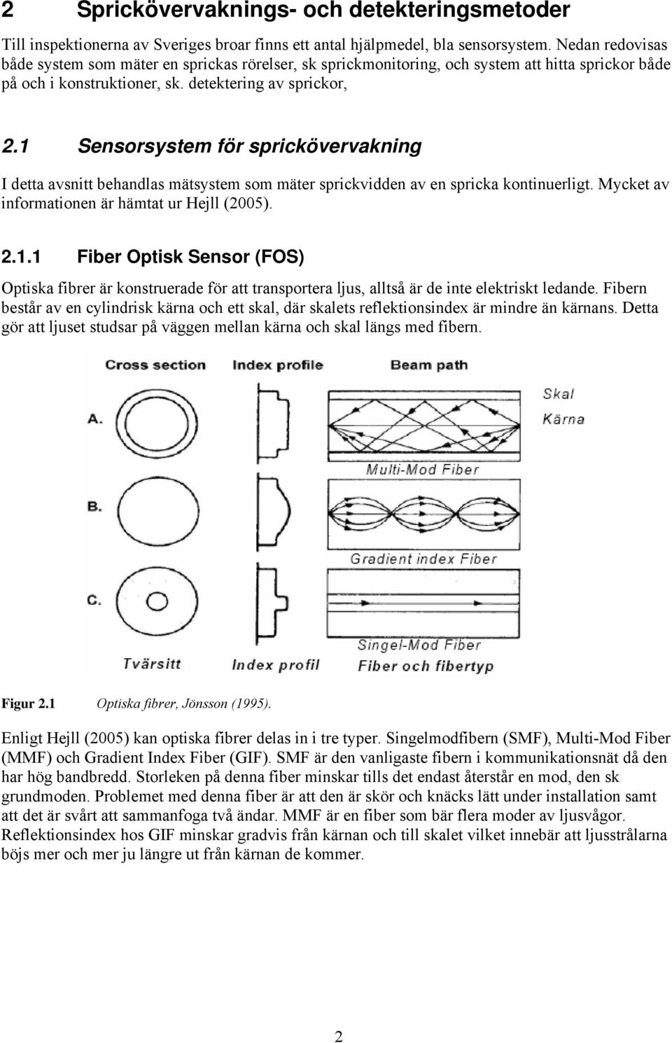 1 Sensorsystem för sprickövervakning I detta avsnitt behandlas mätsystem som mäter sprickvidden av en spricka kontinuerligt. Mycket av informationen är hämtat ur Hejll (2005). 2.1.1 Fiber Optisk Sensor (FOS) Optiska fibrer är konstruerade för att transportera ljus, alltså är de inte elektriskt ledande.