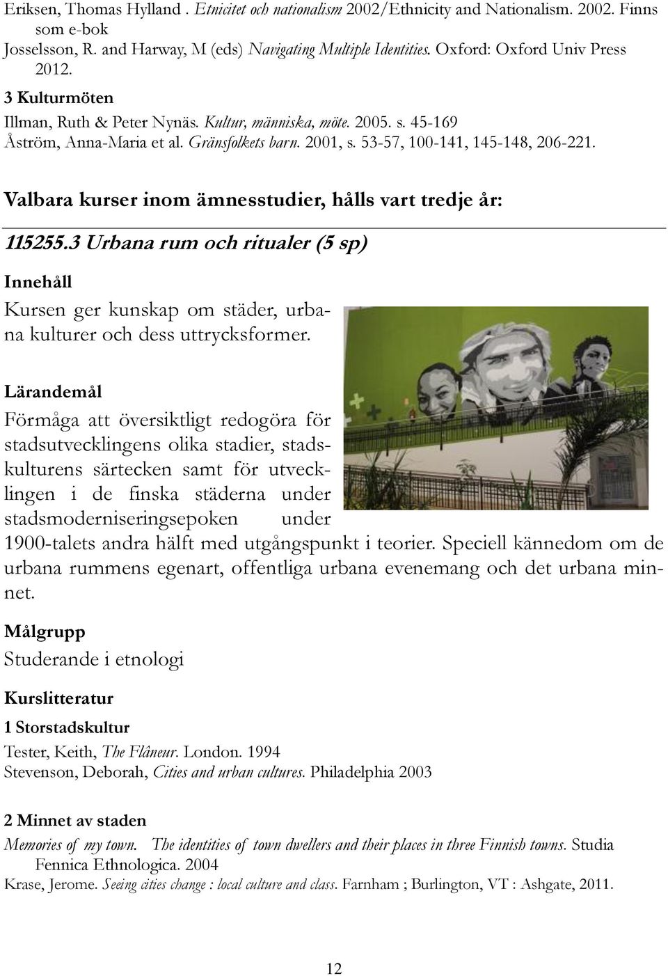 53-57, 100-141, 145-148, 206-221. Valbara kurser inom ämnesstudier, hålls vart tredje år: 115255.3 Urbana rum och ritualer (5 sp) Kursen ger kunskap om städer, urbana kulturer och dess uttrycksformer.