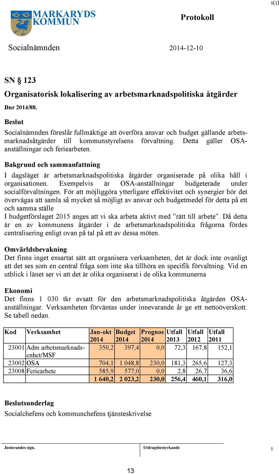 I dagsläget är arbetsmarknadspolitiska åtgärder organiserade på olika håll i organisationen. Exempelvis är OSA-anställningar budgeterade under socialförvaltningen.