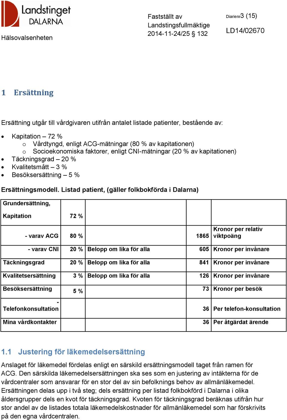 Listad patient, (gäller folkbokförda i Dalarna) Grundersättning, Kapitation 72 % - varav ACG 80 % 1865 Kronor per relativ viktpoäng - varav CNI 20 % Belopp om lika för alla 605 Kronor per invånare