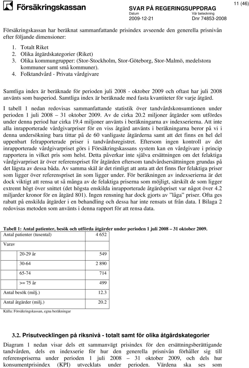 Folktandvård - Privata vårdgivare Samtliga index är beräknade för perioden juli 2008 - oktober 2009 och oftast har juli 2008 använts som basperiod.