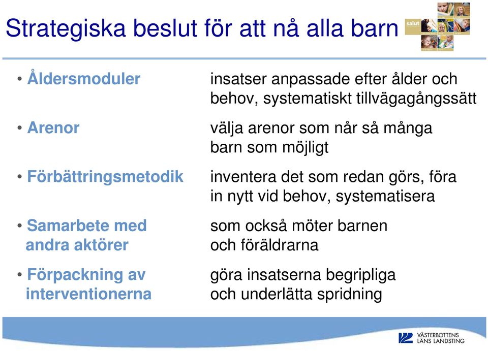 tillvägagångssätt välja arenor som når så många barn som möjligt inventera det som redan görs, föra in