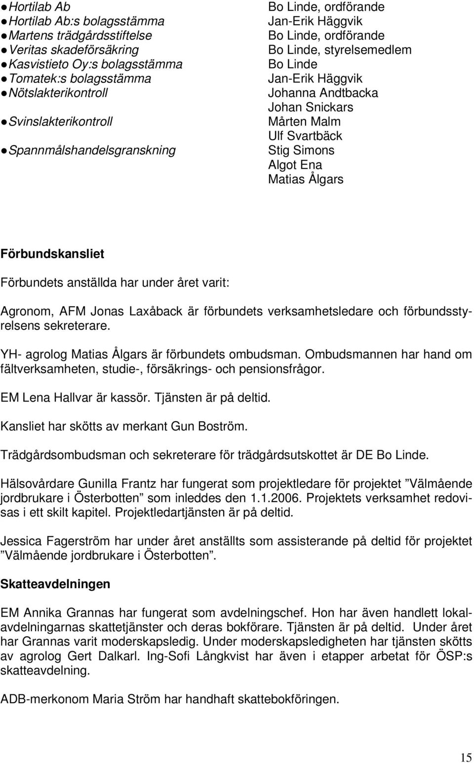 Stig Simons Algot Ena Matias Ålgars Förbundskansliet Förbundets anställda har under året varit: Agronom, AFM Jonas Laxåback är förbundets verksamhetsledare och förbundsstyrelsens sekreterare.