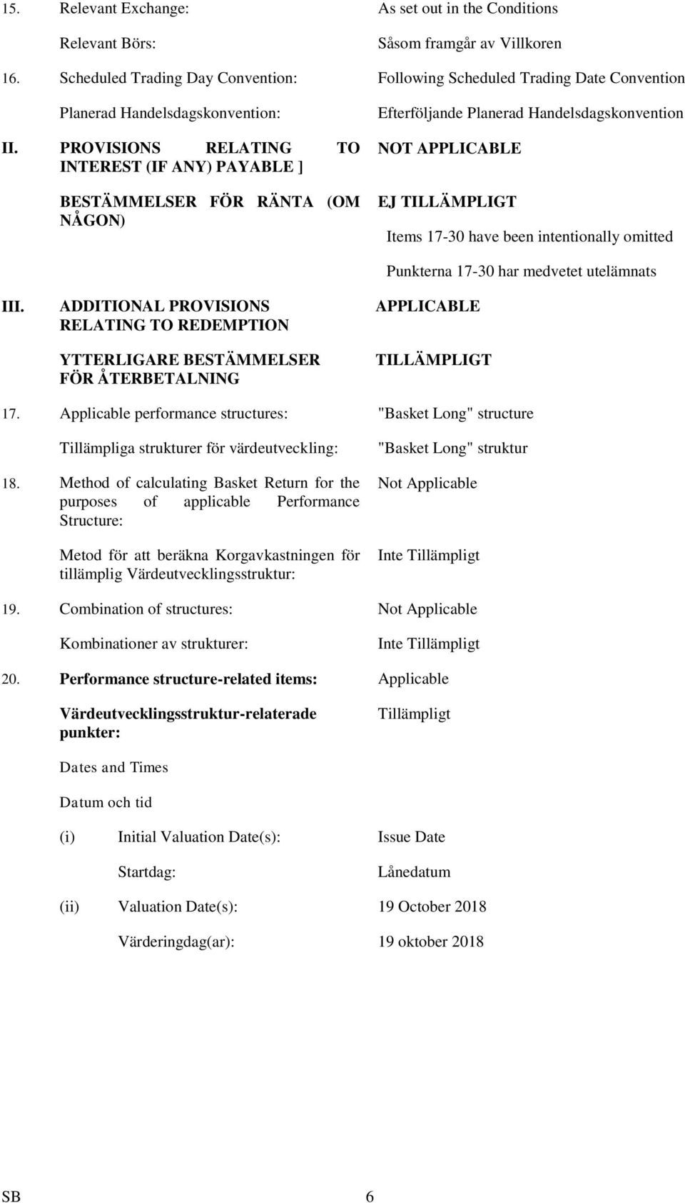 PROVISIONS RELATING TO INTEREST (IF ANY) PAYABLE ] BESTÄMMELSER FÖR RÄNTA (OM NÅGON) Efterföljande Planerad Handelsdagskonvention NOT APPLICABLE EJ TILLÄMPLIGT Items 17-30 have been intentionally