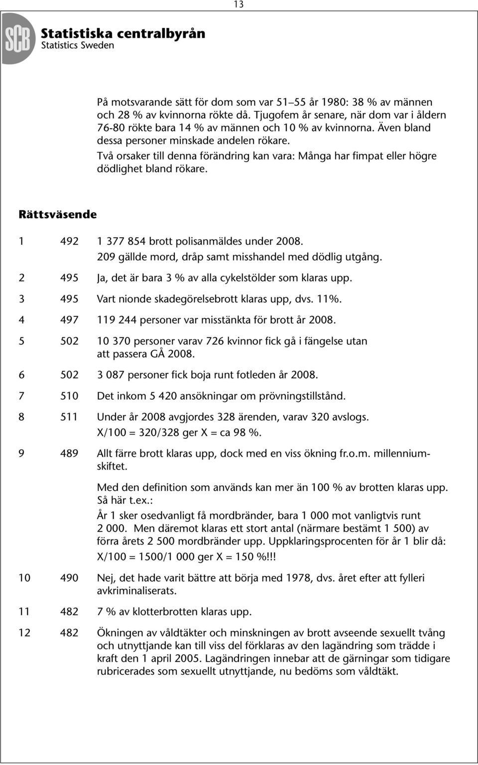 Rättsväsende 1 492 1 377 854 brott polisanmäldes under 2008. 209 gällde mord, dråp samt misshandel med dödlig utgång. 2 495 Ja, det är bara 3 % av alla cykelstölder som klaras upp.