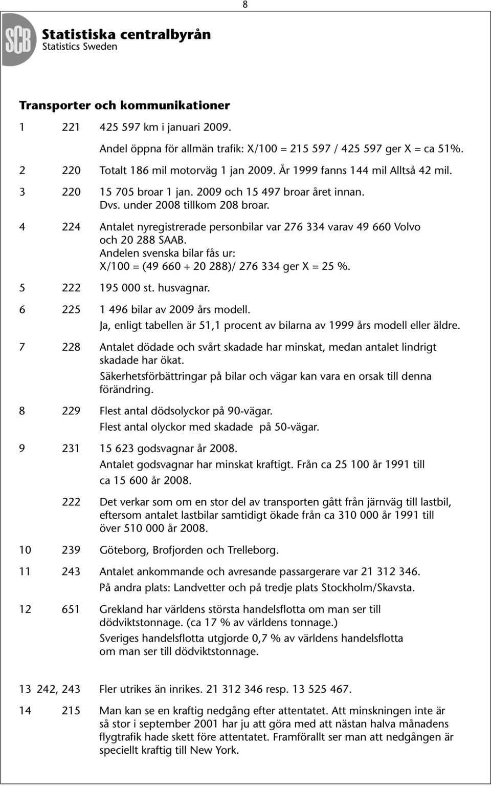 4 224 Antalet nyregistrerade personbilar var 276 334 varav 49 660 Volvo och 20 288 SAAB. Andelen svenska bilar fås ur: X/100 = (49 660 + 20 288)/ 276 334 ger X = 25 %. 5 222 195 000 st. husvagnar.