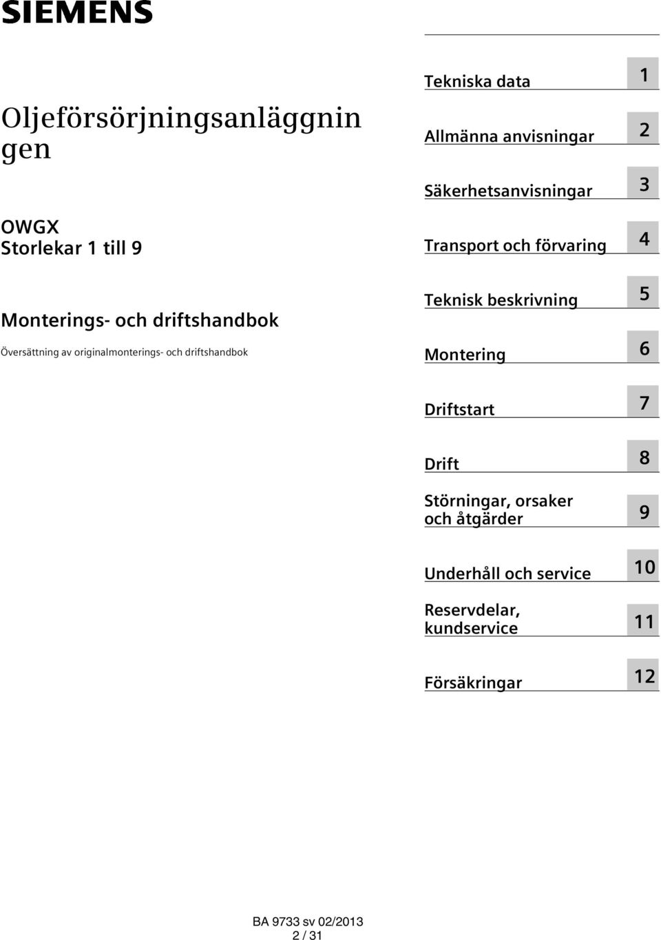 Transport och förvaring Teknisk beskrivning Montering 1 2 3 4 5 6 Driftstart 7 Drift Störningar,