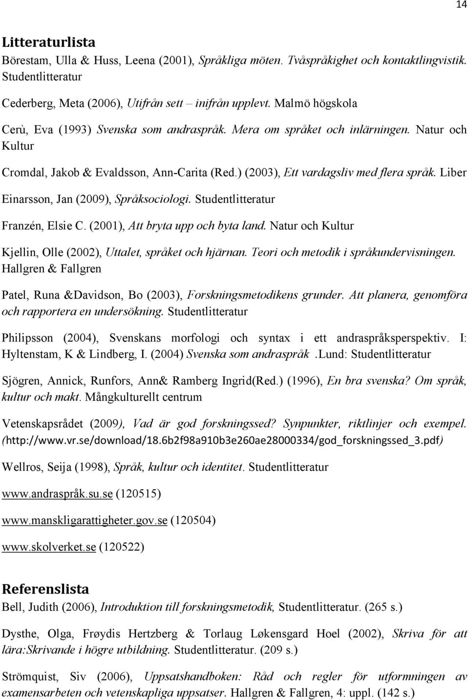 Liber Einarsson, Jan (2009), Språksociologi. Studentlitteratur Franzén, Elsie C. (2001), Att bryta upp och byta land. Natur och Kultur Kjellin, Olle (2002), Uttalet, språket och hjärnan.