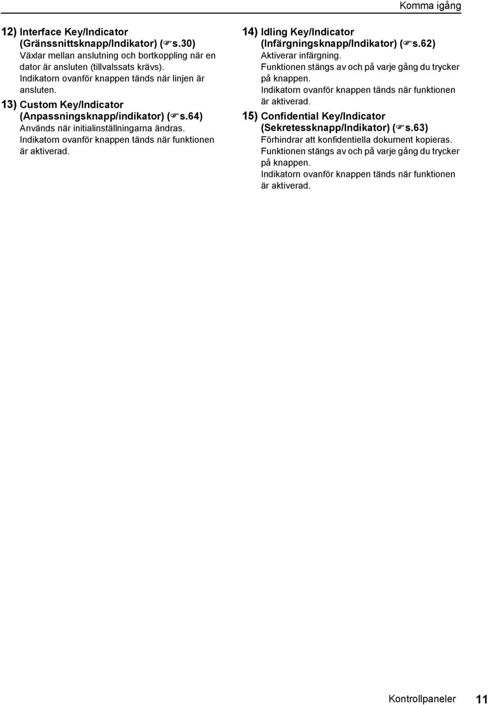 Indikatorn ovanför knappen tänds när funktionen är aktiverad. 14) Idling Key/Indicator (Infärgningsknapp/Indikator) ( s.62) Aktiverar infärgning.