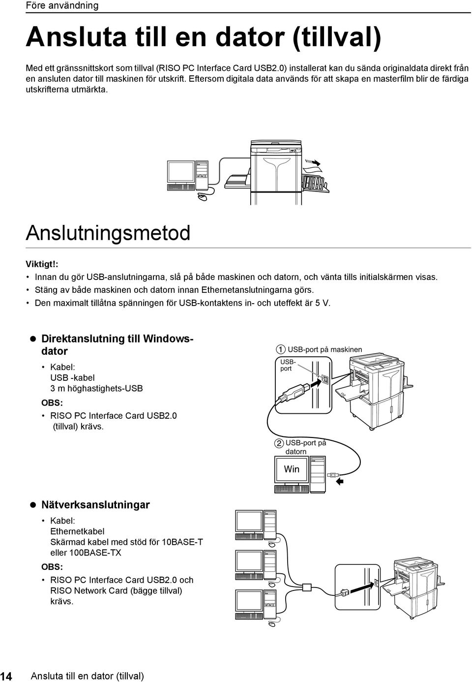 Anslutningsmetod Innan du gör USB-anslutningarna, slå på både maskinen och datorn, och vänta tills initialskärmen visas. Stäng av både maskinen och datorn innan Ethernetanslutningarna görs.