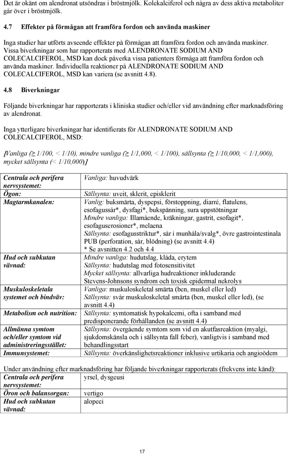 Vissa biverkningar som har rapporterats med ALENDRONATE SODIUM AND COLECALCIFEROL, MSD kan dock påverka vissa patienters förmåga att framföra fordon och använda maskiner.