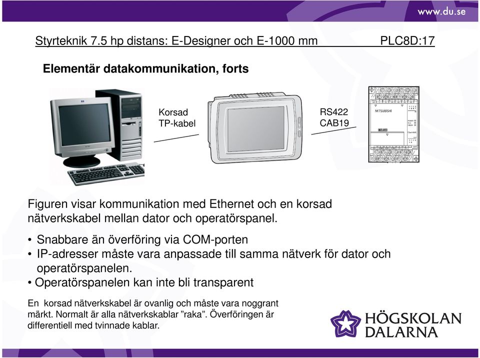 Snabbare än överföring via COM-porten IP-adresser måste vara anpassade till samma nätverk för dator och operatörspanelen.