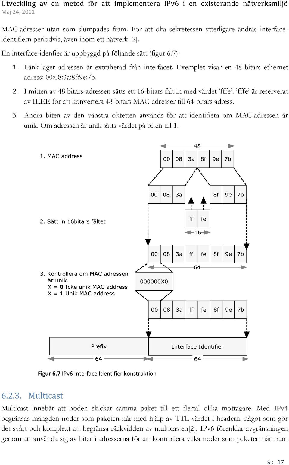 fffe är reserverat av IEEE för att konvertera 48-bitars MAC-adresser till 64-bitars adress. 3. Andra biten av den vänstra oktetten används för att identifiera om MAC-adressen är unik.