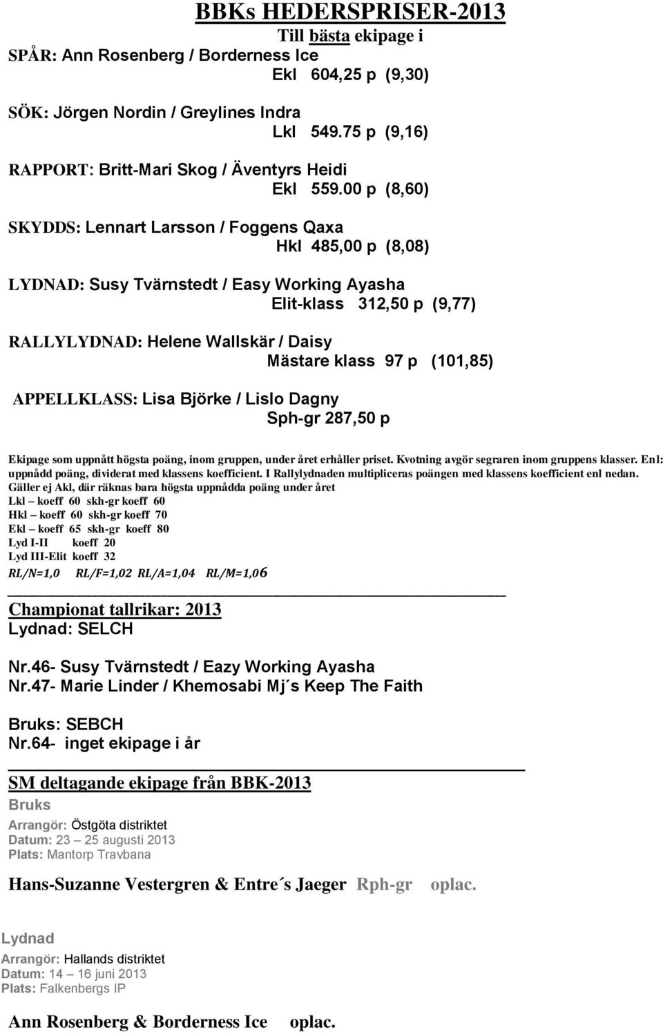 00 p (8,60) SKYDDS: Lennart Larsson / Foggens Qaxa Hkl 485,00 p (8,08) LYDNAD: Susy Tvärnstedt / Easy Working Ayasha Elit-klass 312,50 p (9,77) RALLYLYDNAD: Helene Wallskär / Daisy Mästare klass 97 p