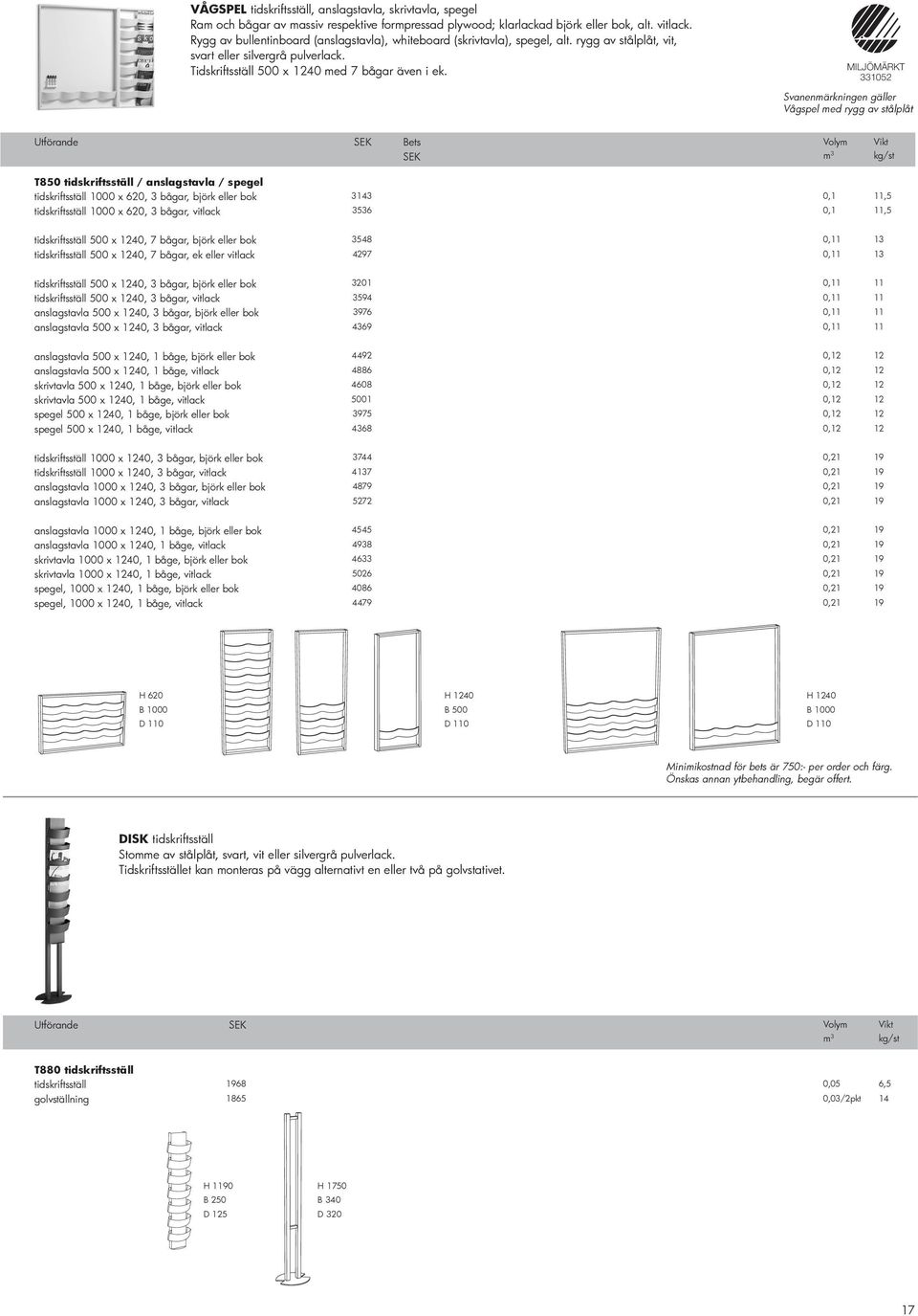 MILJÖMÄRKT 331052 Svanenmärkningen gäller Vågspel med rygg av stålplåt Bets T850 tidskriftsställ / anslagstavla / spegel tidskriftsställ 1000 x 620, 3 bågar, björk eller bok tidskriftsställ 1000 x