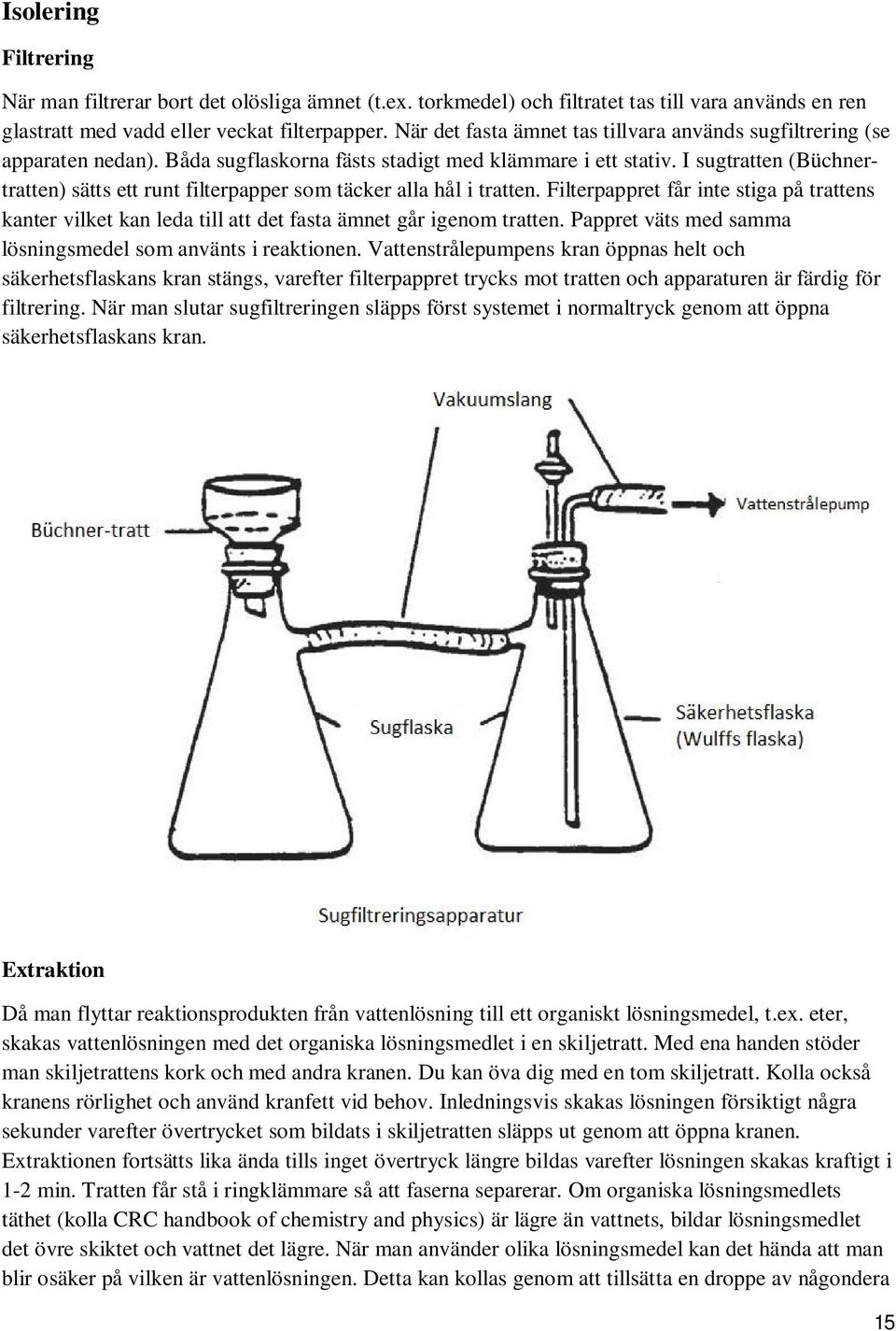 I sugtratten (Büchnertratten) sätts ett runt filterpapper som täcker alla hål i tratten. Filterpappret får inte stiga på trattens kanter vilket kan leda till att det fasta ämnet går igenom tratten.