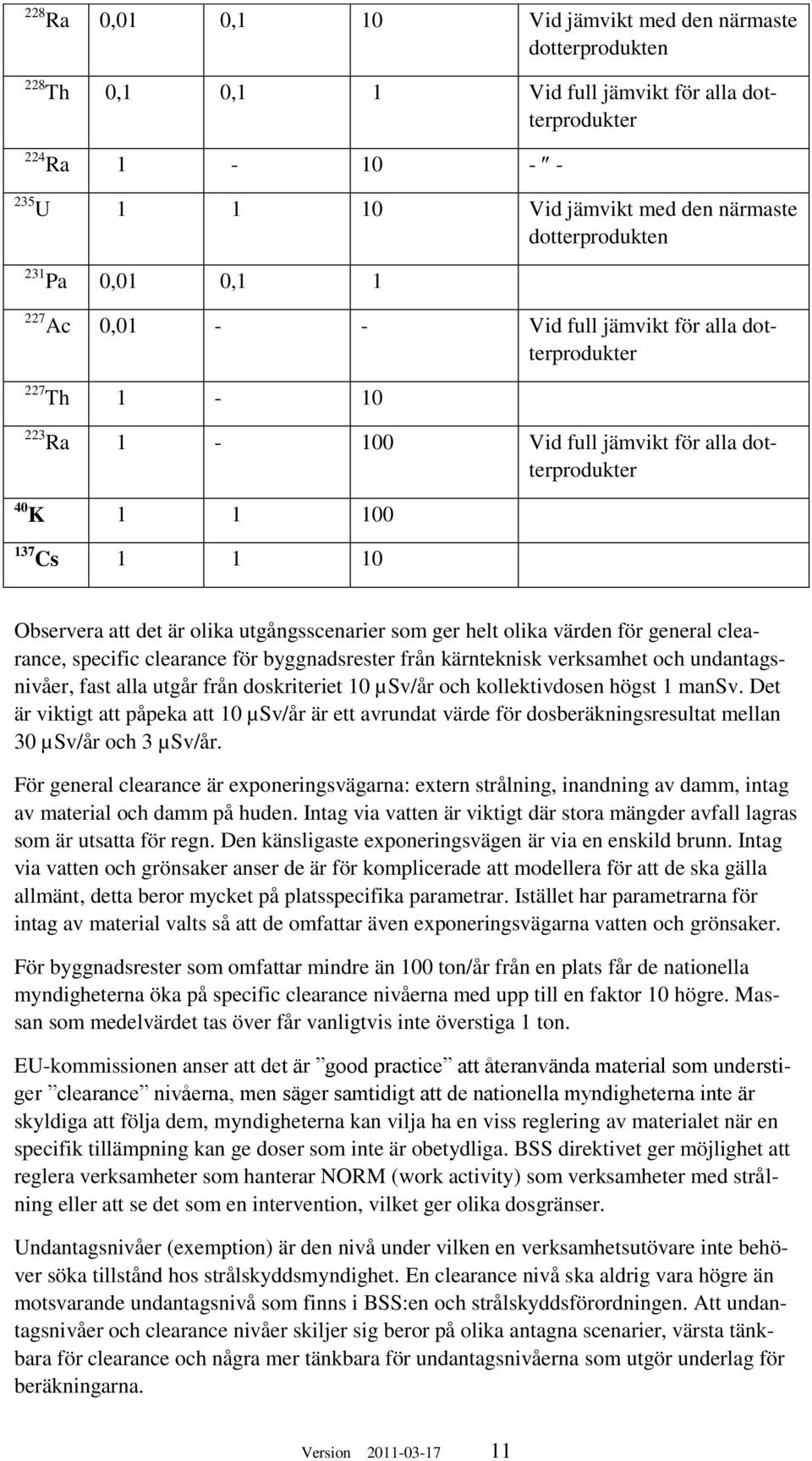 utgångsscenarier som ger helt olika värden för general clearance, specific clearance för byggnadsrester från kärnteknisk verksamhet och undantagsnivåer, fast alla utgår från doskriteriet 10 µsv/år