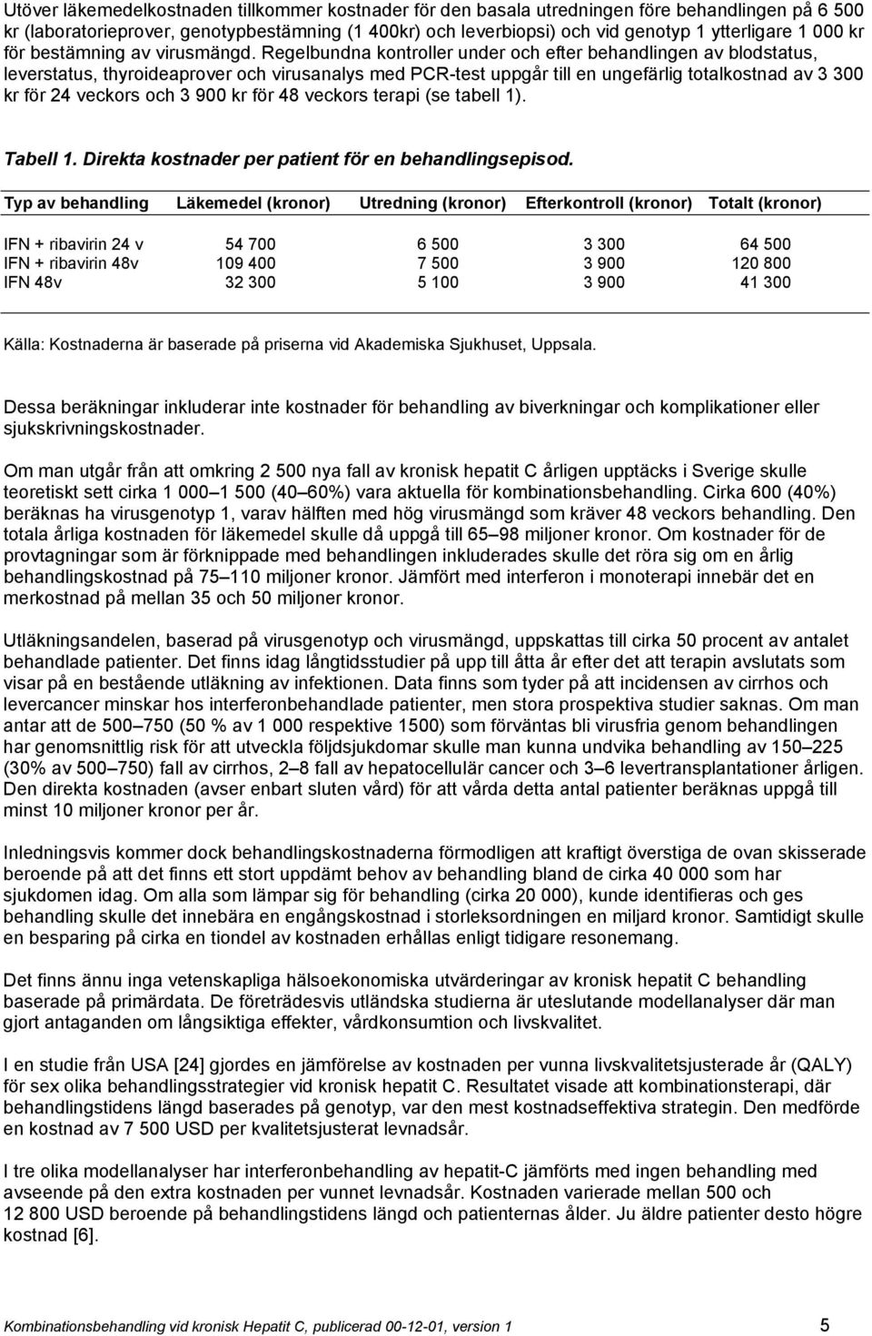 Regelbundna kontroller under och efter behandlingen av blodstatus, leverstatus, thyroideaprover och virusanalys med PCR-test uppgår till en ungefärlig totalkostnad av 3 300 kr för 24 veckors och 3