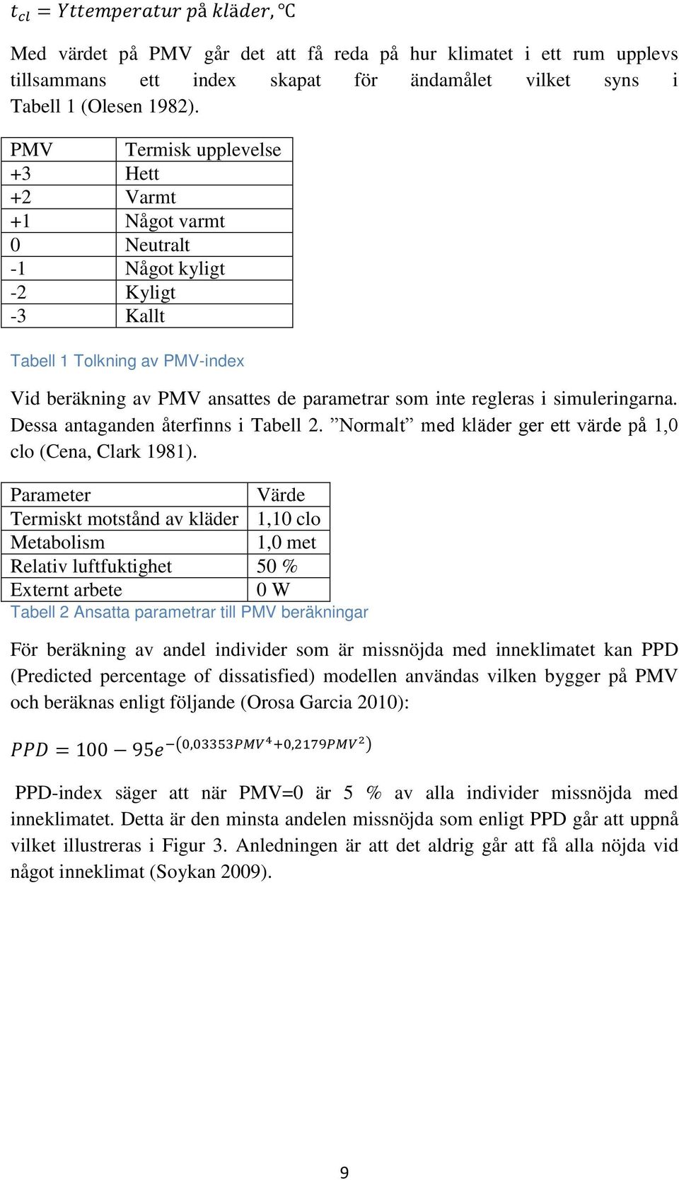 simuleringarna. Dessa antaganden återfinns i Tabell 2. Normalt med kläder ger ett värde på 1,0 clo (Cena, Clark 1981).