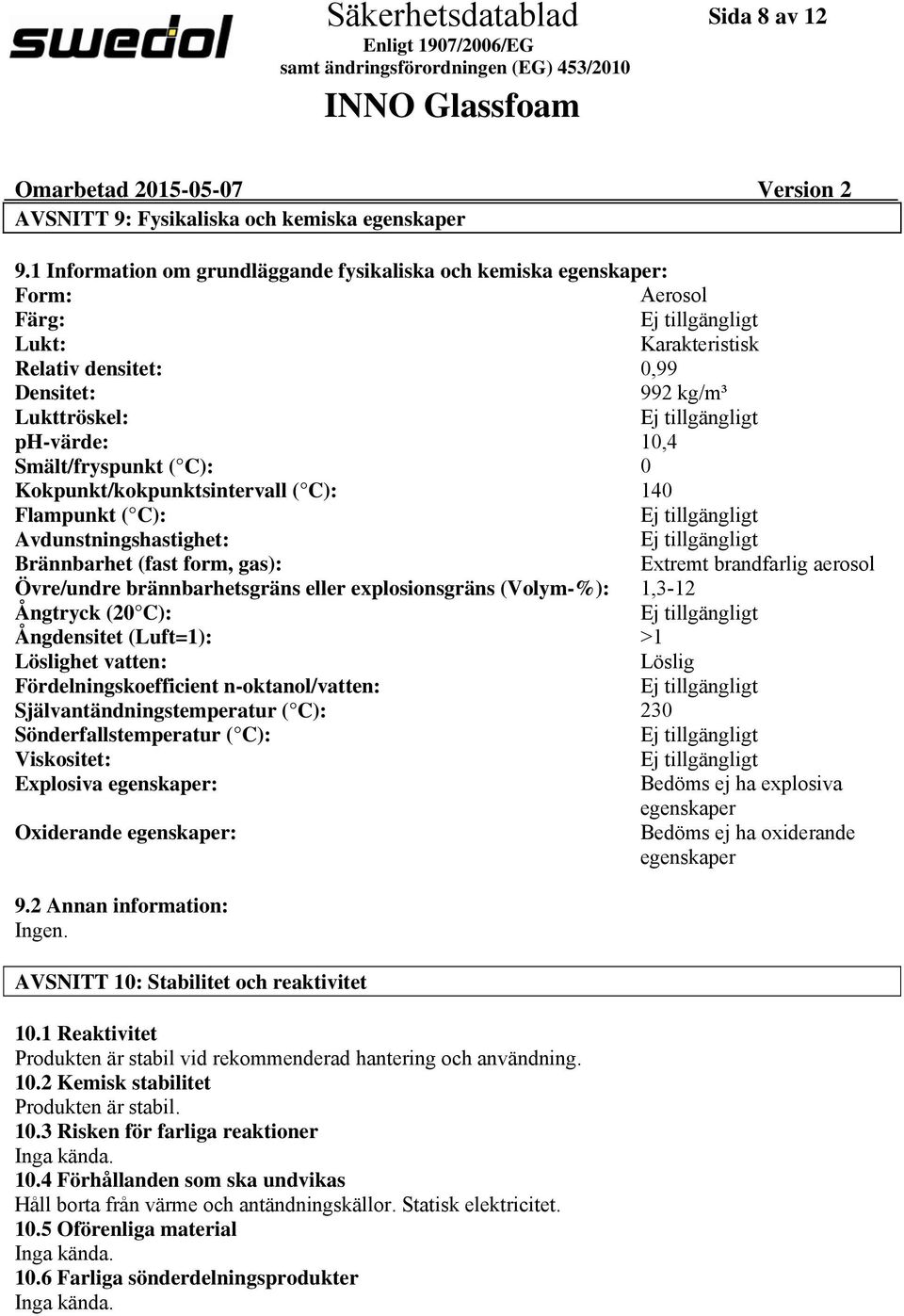 C): 0 Kokpunkt/kokpunktsintervall ( C): 140 Flampunkt ( C): Avdunstningshastighet: Brännbarhet (fast form, gas): Extremt brandfarlig aerosol Övre/undre brännbarhetsgräns eller explosionsgräns