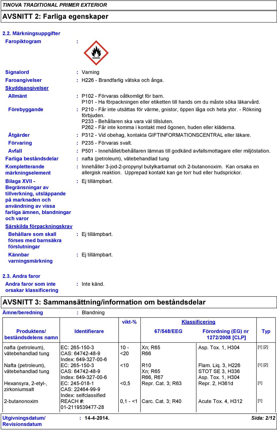 2. Märkningsuppgifter Faropiktogram Signalord Faroangivelser Skyddsangivelser Allmänt Förebyggande Åtgärder Förvaring Avfall Farliga beståndsdelar Kompletterande märkningselement Bilaga XVII -