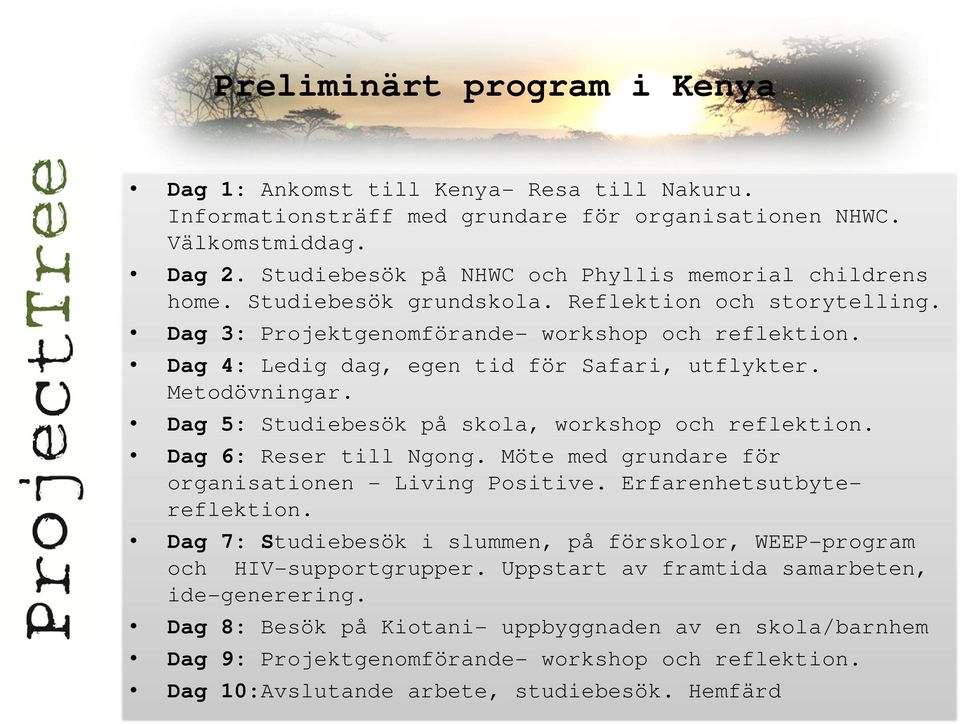 Dag 4: Ledig dag, egen tid för Safari, utflykter. Metodövningar. Dag 5: Studiebesök på skola, workshop och reflektion. Dag 6: Reser till Ngong. Möte med grundare för organisationen - Living Positive.