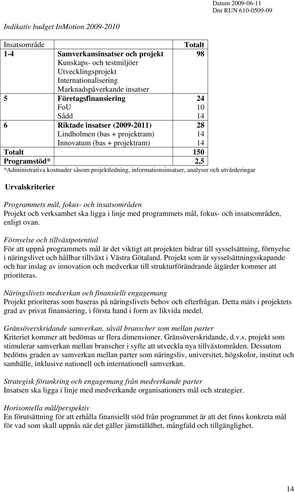 projektledning, informationsinsatser, analyser och utvärderingar Urvalskriterier Programmets mål, fokus- och insatsområden Projekt och verksamhet ska ligga i linje med programmets mål, fokus- och