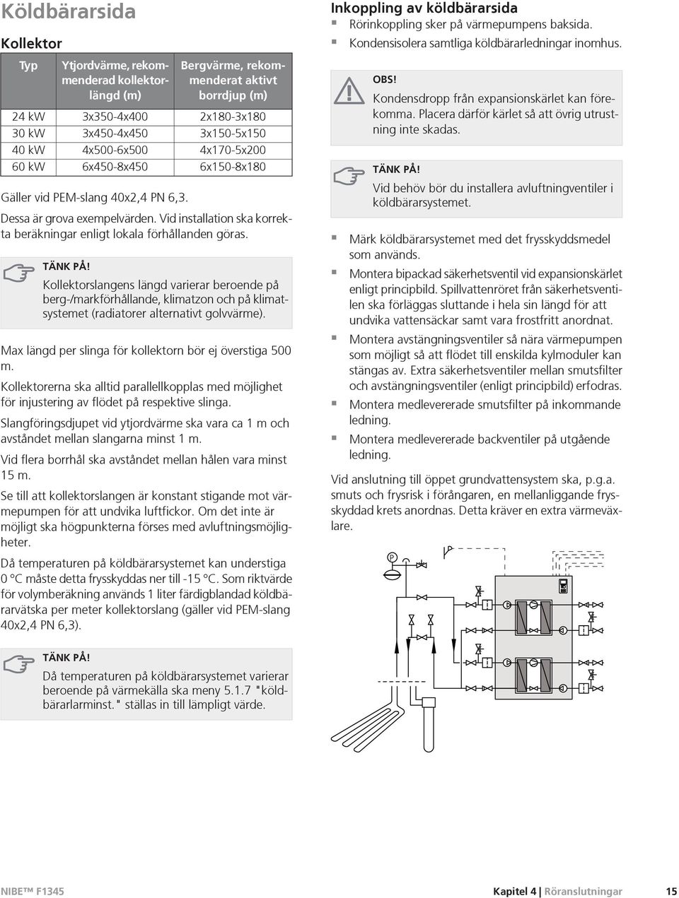 Kollektorslangens längd varierar beroende på berg-/markförhållande, klimatzon och på klimatsystemet (radiatorer alternativt golvvärme). Max längd per slinga för kollektorn bör ej överstiga 500 m.