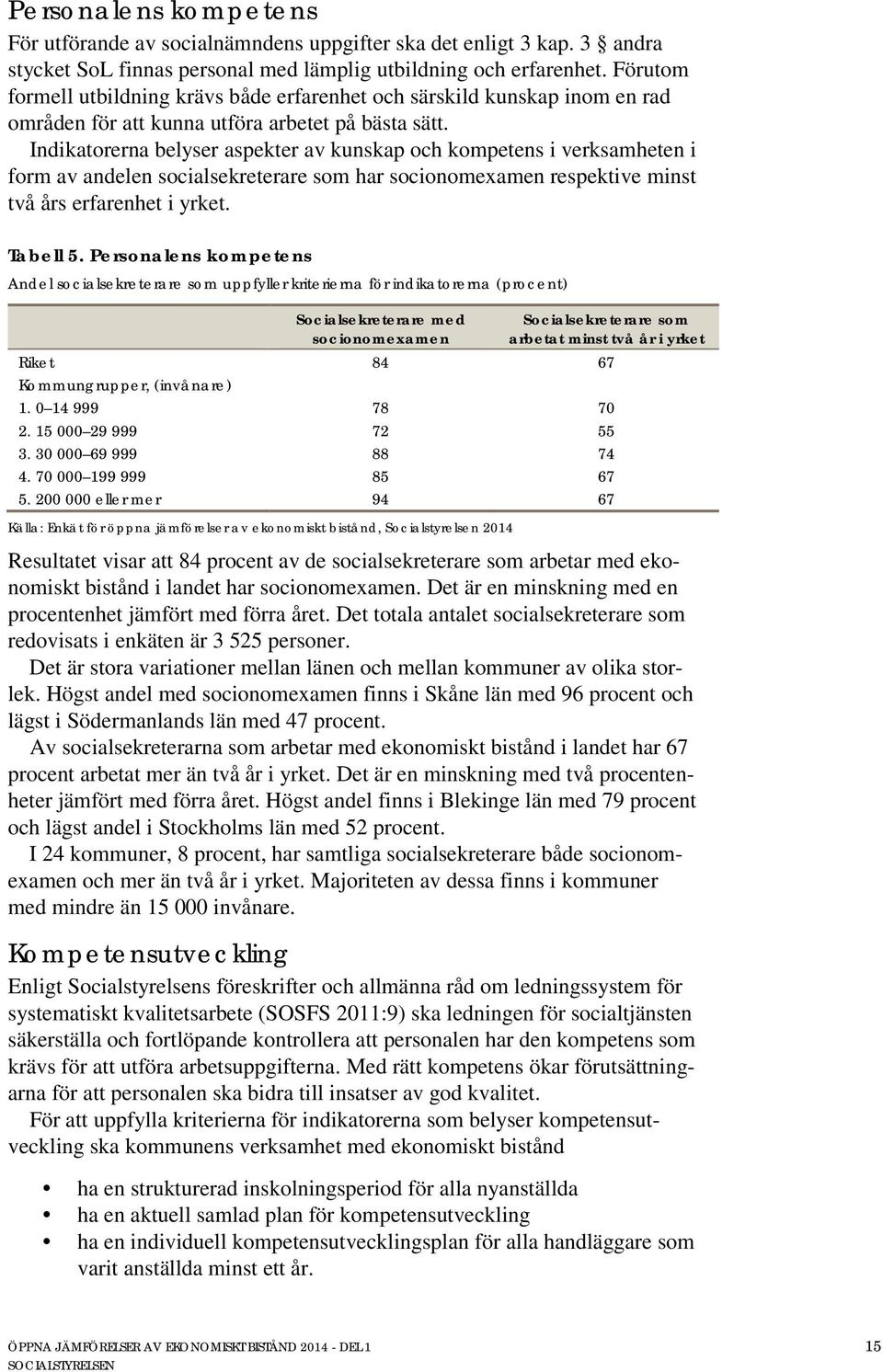 Indikatorerna belyser aspekter av kunskap och kompetens i verksamheten i form av andelen socialsekreterare som har socionomexamen respektive minst två års erfarenhet i yrket. Tabell 5.