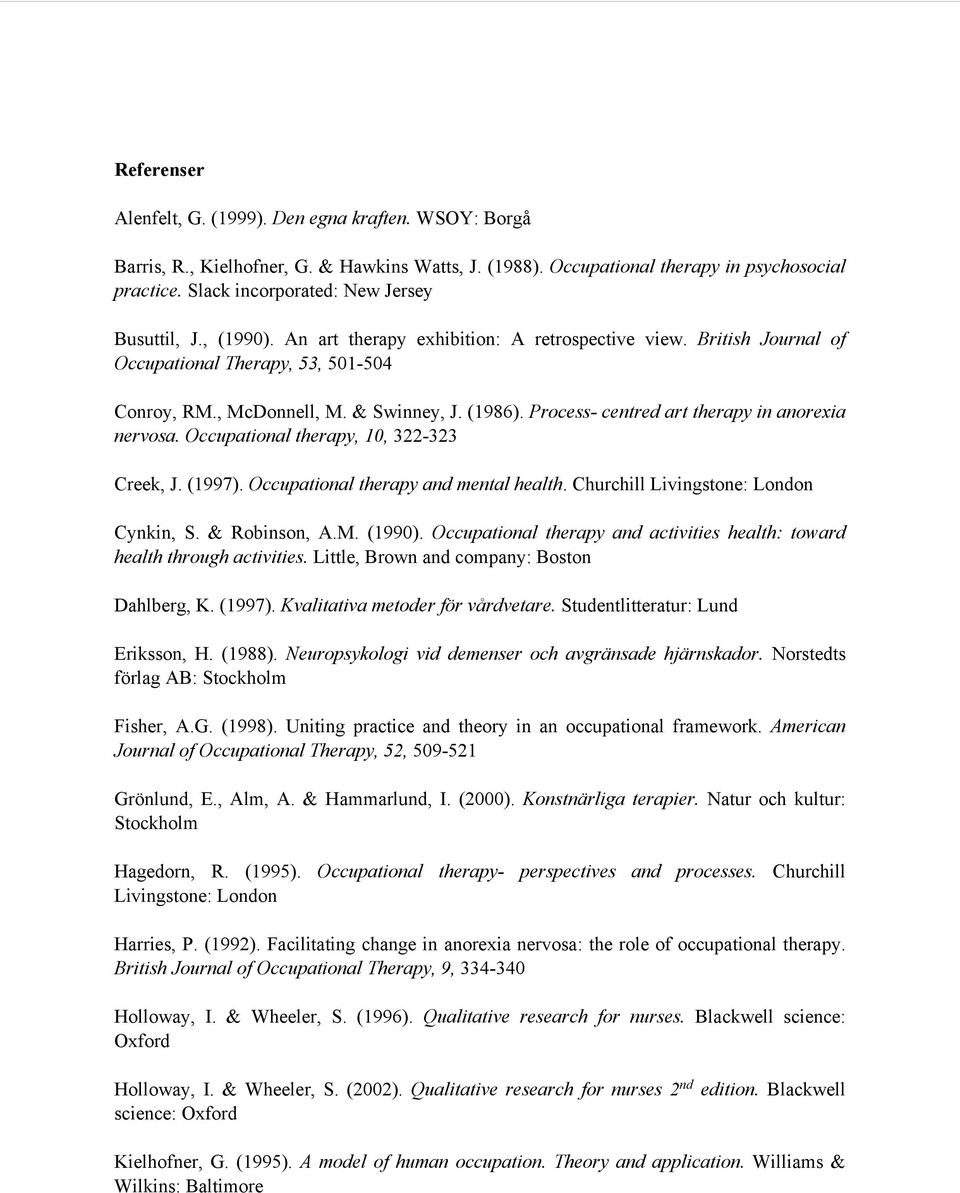 (1986). Process- centred art therapy in anorexia nervosa. Occupational therapy, 10, 322-323 Creek, J. (1997). Occupational therapy and mental health. Churchill Livingstone: London Cynkin, S.