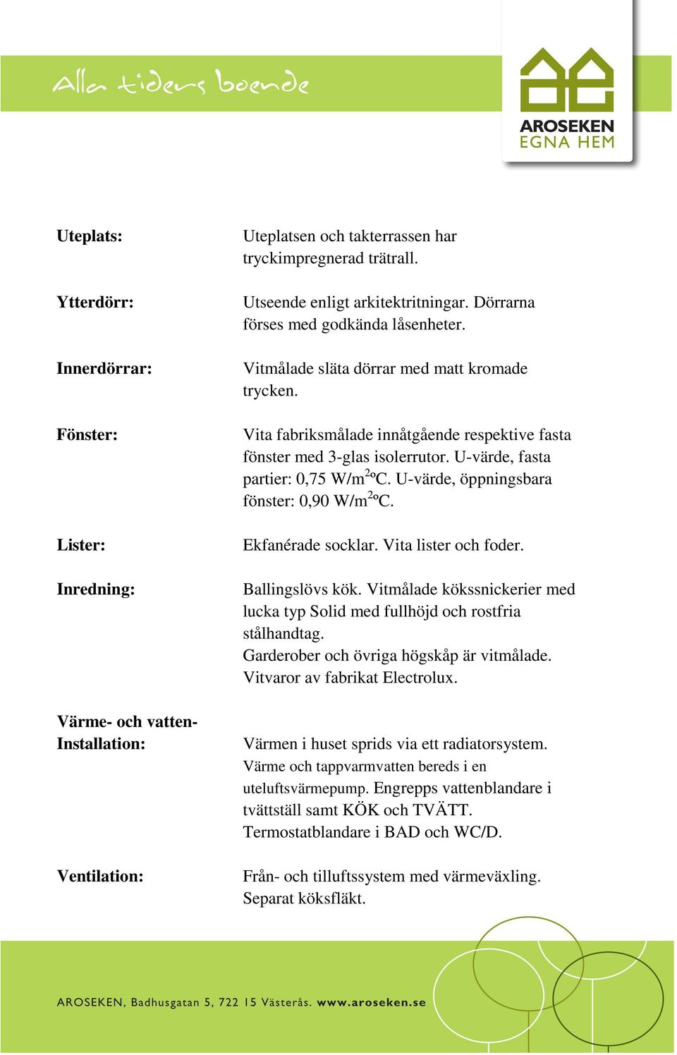 Vita fabriksmålade innåtgående respektive fasta fönster med 3-glas isolerrutor. U-värde, fasta partier: 0,75 W/m 2 ºC. U-värde, öppningsbara fönster: 0,90 W/m 2 ºC. Ekfanérade socklar.