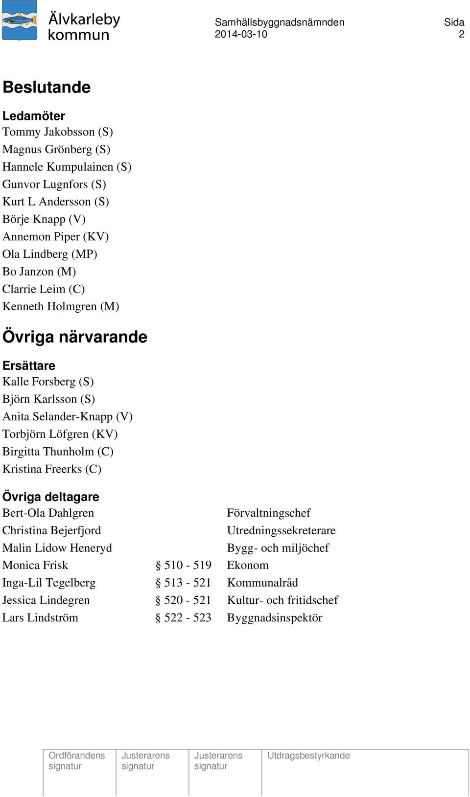 Löfgren (KV) Birgitta Thunholm (C) Kristina Freerks (C) Övriga deltagare Bert-Ola Dahlgren Förvaltningschef Christina Bejerfjord Utredningssekreterare Malin Lidow Heneryd