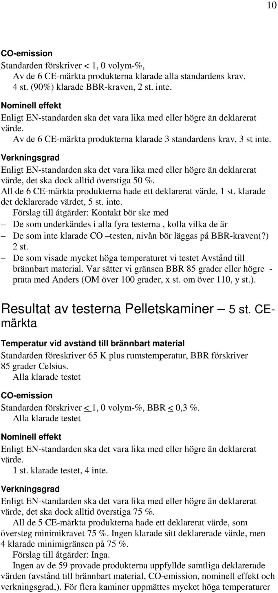 Verkningsgrad Enligt EN-standarden ska det vara lika med eller högre än deklarerat värde, det ska dock alltid överstiga 50 %. All de 6 CE-märkta produkterna hade ett deklarerat värde, 1 st.