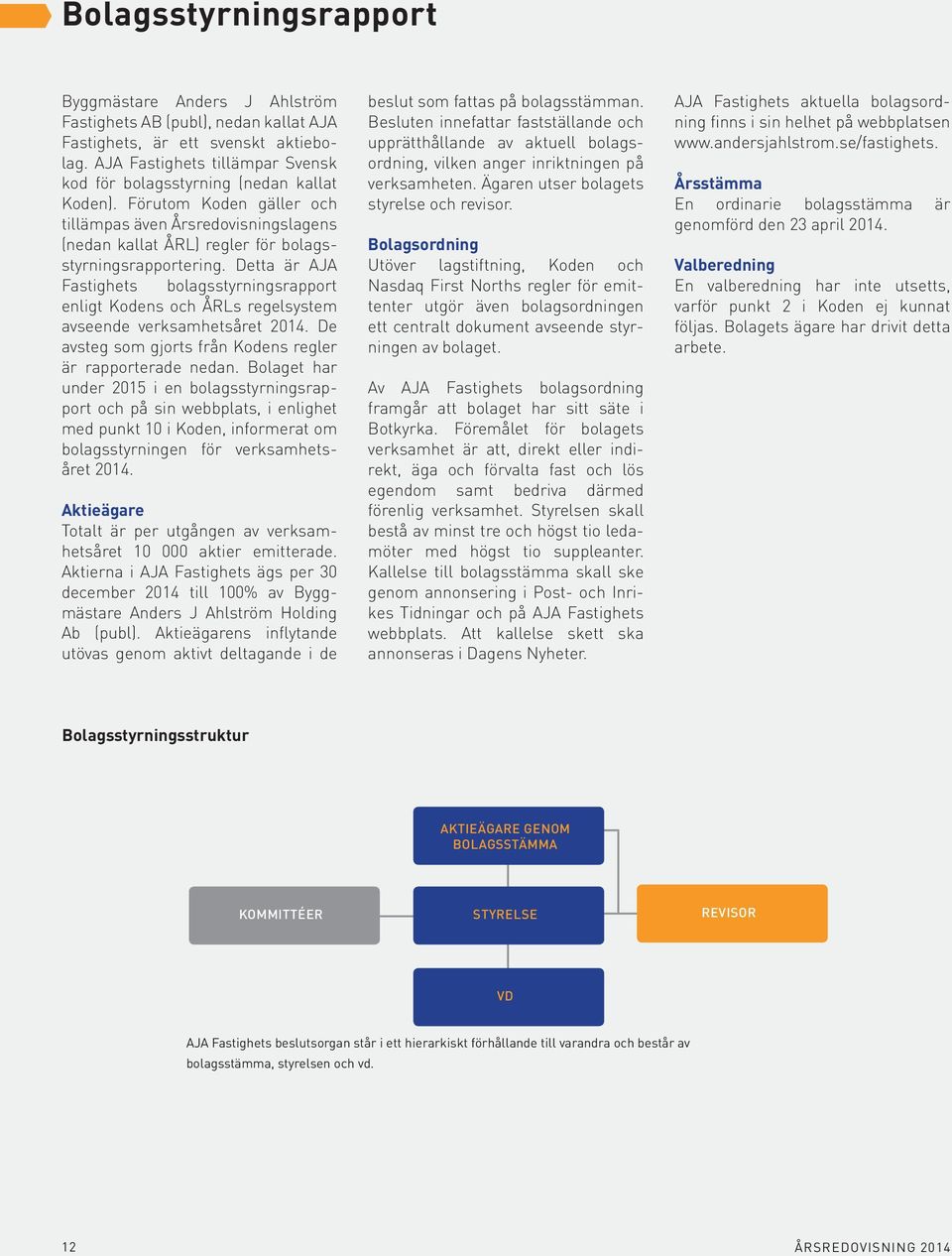 Detta är AJA Fastighets bolagsstyrningsrapport enligt Kodens och ÅRLs regelsystem avseende verksamhetsåret 2014. De avsteg som gjorts från Kodens regler är rapporterade nedan.