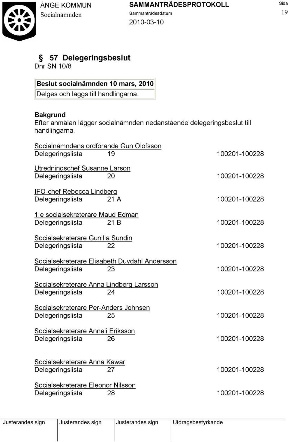 socialsekreterare Maud Edman Delegeringslista 21 B 100201-100228 Socialsekreterare Gunilla Sundin Delegeringslista 22 100201-100228 Socialsekreterare Elisabeth Duvdahl Andersson Delegeringslista 23