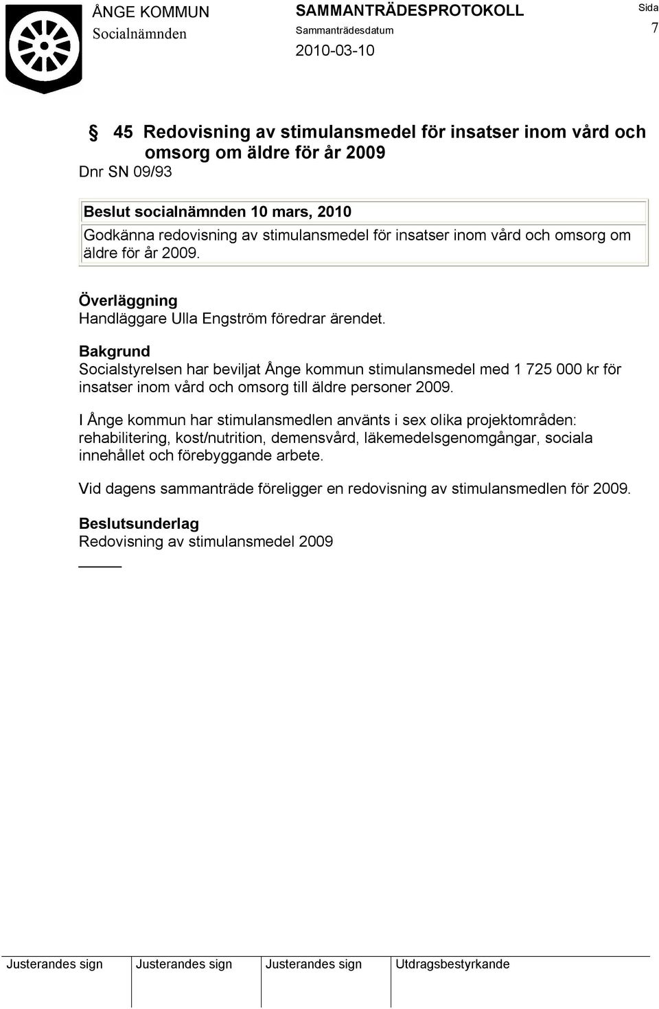 Socialstyrelsen har beviljat Ånge kommun stimulansmedel med 1 725 000 kr för insatser inom vård och omsorg till äldre personer 2009.
