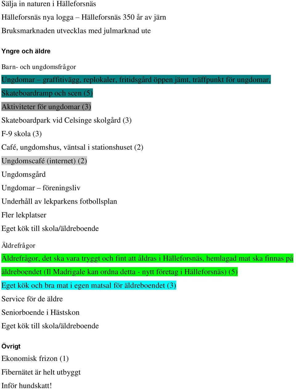 i stationshuset (2) Ungdomscafé (internet) (2) Ungdomsgård Ungdomar föreningsliv Underhåll av lekparkens fotbollsplan Fler lekplatser Eget kök till skola/äldreboende Äldrefrågor Äldrefrågor, det ska