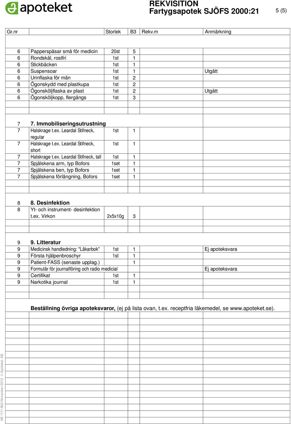 Immobiliseringsutrustning Halskrage t.ex. Leardal Stifneck, regular Halskrage t.ex. Leardal Stifneck, short Halskrage t.ex. Leardal Stifneck, tall Spjälskena arm, typ Bofors Spjälskena ben, typ Bofors Spjälskena förlängning, Bofors set set set.