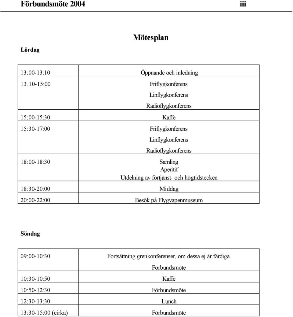 Radioflygkonferens 18:00-18:30 Samling Aperitif Utdelning av förtjänst- och högtidstecken 18:30-20:00 Middag 20:00-22:00 Besök på