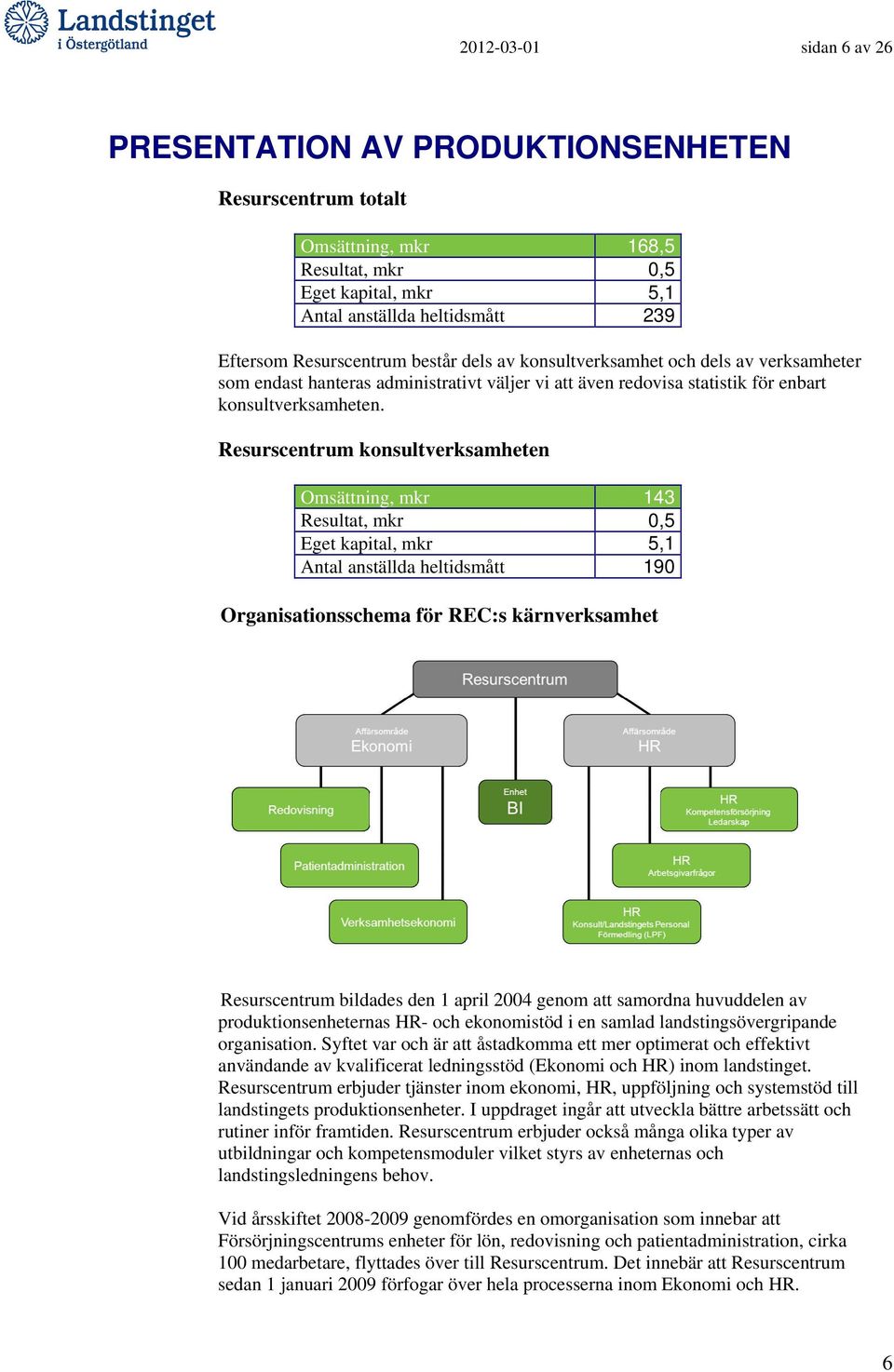 Resurscentrum konsultverksamheten Omsättning, mkr 143 Resultat, mkr 0,5 Eget kapital, mkr 5,1 Antal anställda heltidsmått 190 Organisationsschema för REC:s kärnverksamhet Resurscentrum bildades den 1