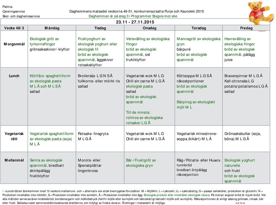 2015 Vecka 48/3 Måndag Tisdag Onsdag Torsdag Fredag fyrkorns /-klyftor Fruktyoghurt av ekologisk yoghurt eller ekologisk fil, äggskivor Vetevälling av ekologiska, ost Mannagröt av ekologiska