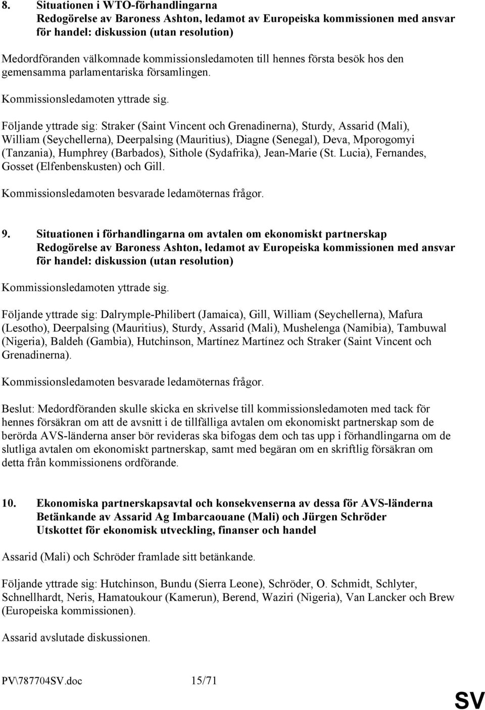 Följande yttrade sig: Straker (Saint Vincent och Grenadinerna), Sturdy, Assarid (Mali), William (Seychellerna), Deerpalsing (Mauritius), Diagne (Senegal), Deva, Mporogomyi (Tanzania), Humphrey