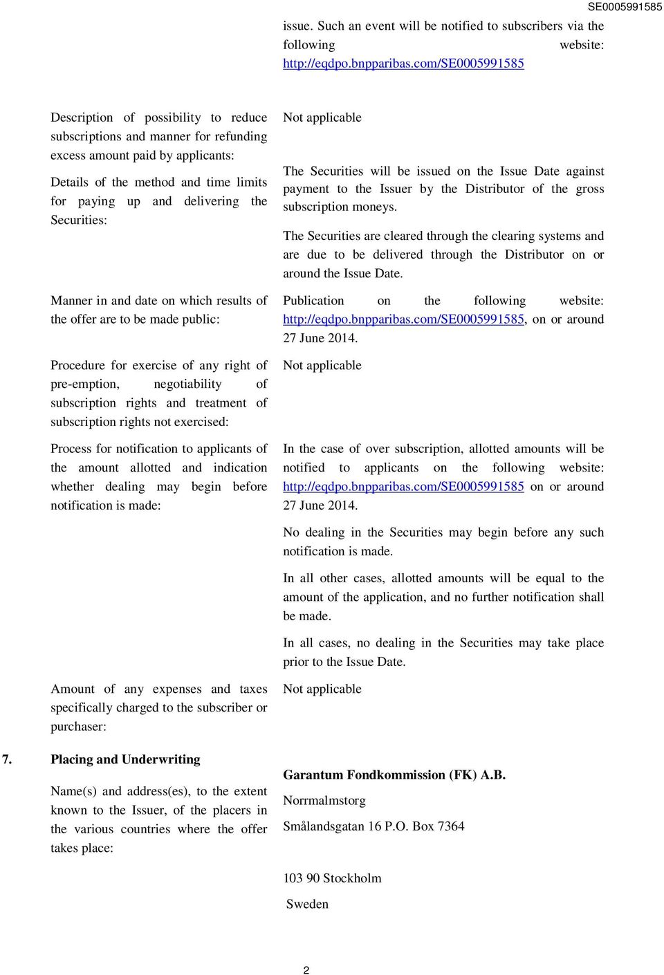 Securities: Manner in and date on which results of the offer are to be made public: Procedure for exercise of any right of pre-emption, negotiability of subscription rights and treatment of