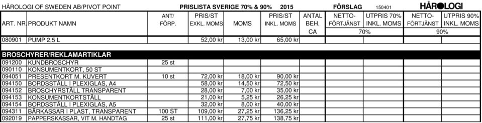 KUVERT 10 st 72,00 kr 18,00 kr 90,00 kr 094150 BORDSSTÄLL I PLEXIGLAS, A4 58,00 kr 14,50 kr 72,50 kr 094152 BROSCHYRSTÄLL TRANSPARENT 28,00