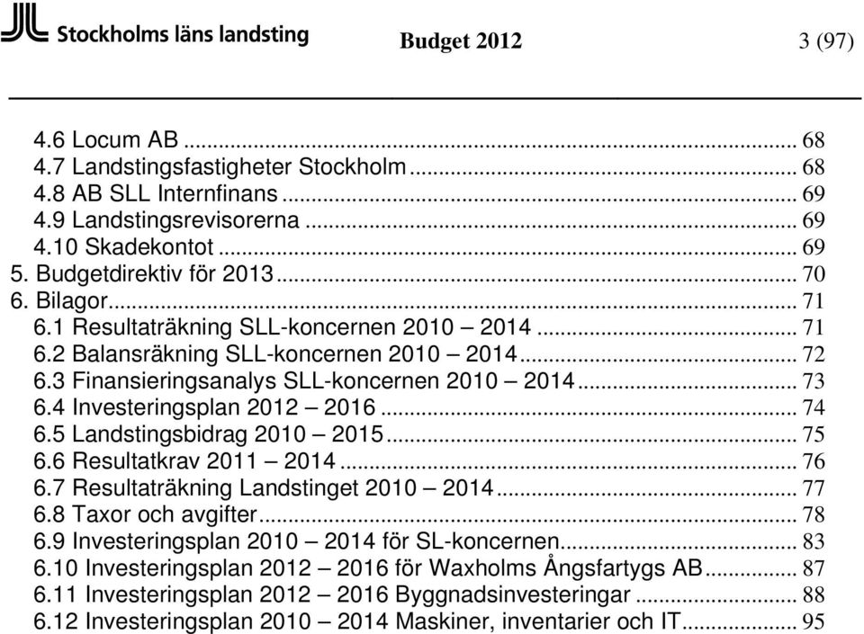 5 Landstingsbidrag 2010 2015... 75 6.6 Resultatkrav 2011 2014... 76 6.7 Resultaträkning Landstinget 2010 2014... 77 6.8 Taxor och avgifter... 78 6.9 Investeringsplan 2010 2014 för SL-koncernen.