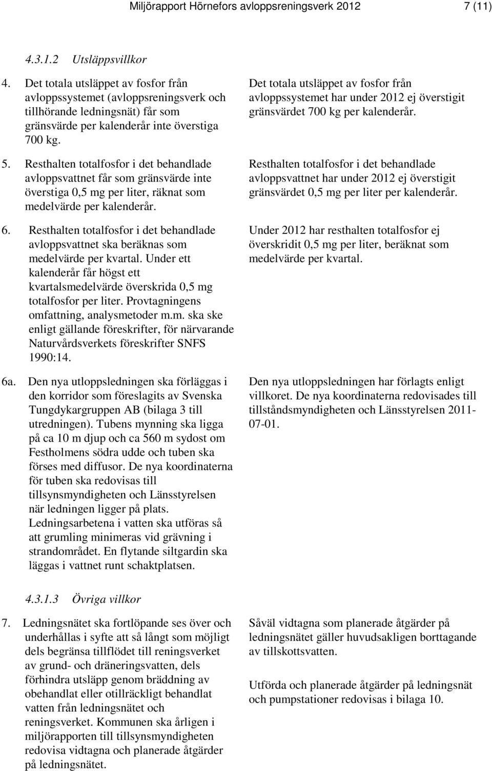 Resthalten totalfosfor i det behandlade avloppsvattnet får som gränsvärde inte överstiga 0,5 mg per liter, räknat som medelvärde per kalenderår. 6.