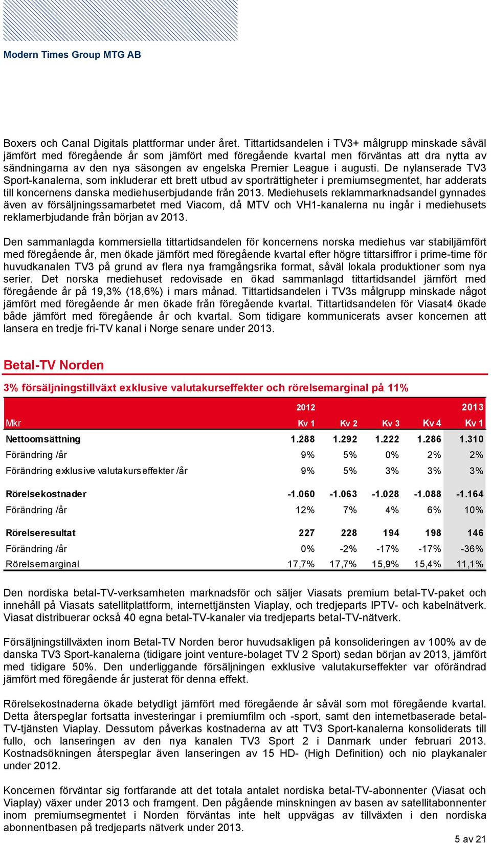 League i augusti. De nylanserade TV3 Sport-kanalerna, som inkluderar ett brett utbud av sporträttigheter i premiumsegmentet, har adderats till koncernens danska mediehuserbjudande från 2013.